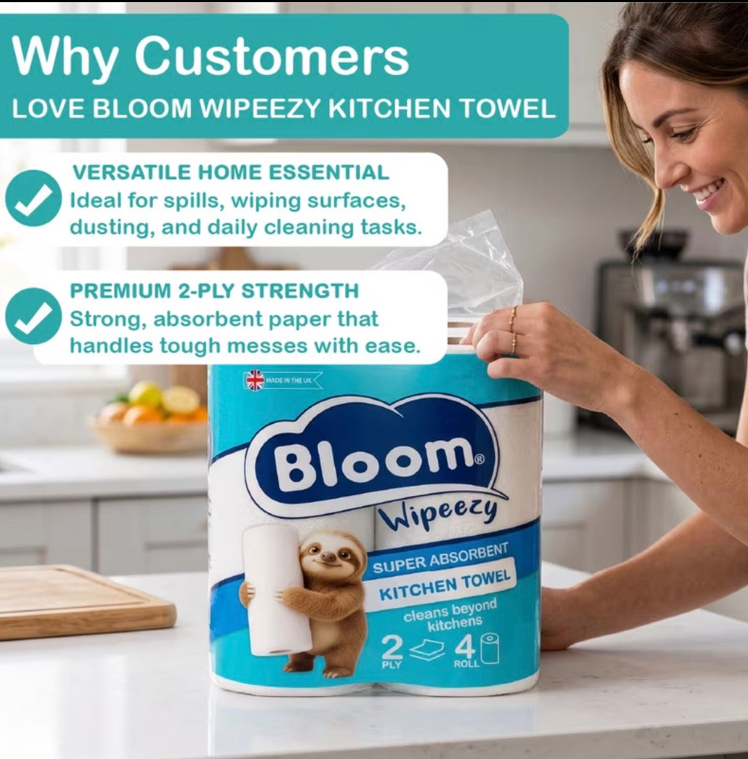 Bloom Wipeezy 4 Pack Kitchen Towels —2ply | Unscented Pure Paper, Embossed Jumbo Cleaning Rolls — UK Made